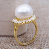 新款天然超大颗珍珠戒指 925纯银镀黄金开口调节珍珠戒指低调奢华