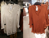H&M HM 女装专柜正品代购  白色红色小立领长款衬衫 076283 现货
