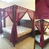 东南亚风格美式中式四柱架子实木床吊带酒红色细麻纱婚庆结婚床幔