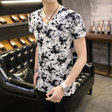 夏冰丝男士短袖T恤男装韩版修身青年少年学生弹力印花V领男T恤潮