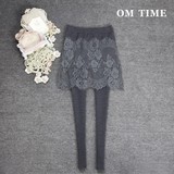 OM TIME韩国2016秋季新款蕾丝镂空打底裙裤假两件外穿包裙长裤女