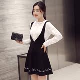 2016春装新款女装韩版长袖衬衫+V领背带短裙显瘦两件套装连衣裙潮