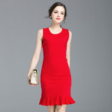 2016夏季新款时尚修身显瘦小红裙包臀荷叶摆无袖连衣裙短裙裙子