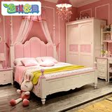 田园公主床儿童床 1.5米纯实木真皮床单人床 粉色儿童房家具女孩