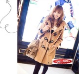 2014秋冬新款韩版小熊维尼牛角扣羊毛呢子斜条纹加厚大衣女外套