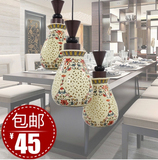LED彩色现代中式陶瓷镂空彩绘餐厅灯客厅灯书房灯三头餐吊灯