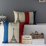 时尚风景复古铁塔条纹法国国旗棉麻抱枕创意布艺办公室沙发靠垫枕