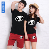 2016新款韩版qlz修身条纹短袖t恤衫男女潮休闲情侣夏装套装熊猫