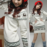 春秋冬季新款韩版女装圣诞小鹿雪花图案中长款打底针织衫修身毛衣