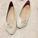 白色水晶新娘婚鞋蕾丝花朵平底伴娘鞋手工平跟鞋礼服鞋宴会鞋单鞋