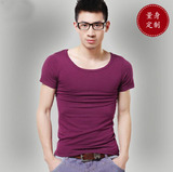 夏季新款韩版男士大圆领茄紫色低领短袖T恤男t衫修身莫代尔打底衫