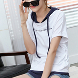 新款夏季女装连帽宽松字母白色t恤女短袖韩版学生上衣服加大码潮
