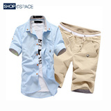 夏季2016 商务衬衫套装男式短袖青年男士半袖衬衣休闲短裤两件套