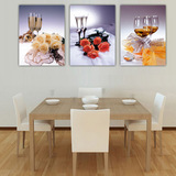 竖式现代简欧餐厅厨房背景装饰画三联无框挂画壁画鲜花餐具酒杯