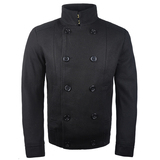 BTO新款男装 黑色羊毛呢双排扣修身版立领短款时尚夹克外套