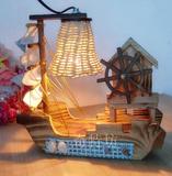 创意木制台灯一帆风顺帆船带八音盒台灯木质帆船音乐盒原木装饰灯