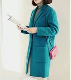 定制韩国新款纯色西装式毛呢外套 女长款茧型撞色加厚大衣