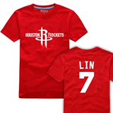 火箭林书豪男士队短袖t恤红色纯棉夏装篮球衣服宽松大码运动湖人