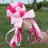 粉色新娘韩式手捧花水钻珍珠 手工布艺玫瑰DIY材料包 结婚用品