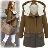 2015冬欧美高端时尚休闲修身加厚羊毛呢子大衣加棉连帽羊绒外套女