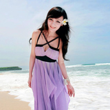 型色缤纷夏装新款女装 韩版度假露背绑带紫色沙滩拖地连衣裙 长裙