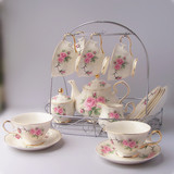 欧式下午茶咖啡杯套装高档金边整套陶瓷15头粉茶韩式结婚礼品送架