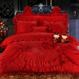 蕾丝四件套韩式提花多件套床盖式结婚床上用品婚庆床品大红色包邮