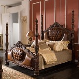 欧式家具床 美式高档头层真皮床软靠床 古典奢华实木双人床柱子床