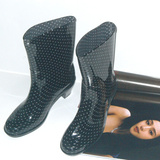 新品！出口日本外贸原单雨鞋雨靴 女气质时尚 高跟中筒黑底小白点