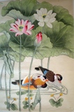 纯手绘三尺条幅客厅工笔花鸟荷花鸳鸯名人字画原稿真迹中国画书画
