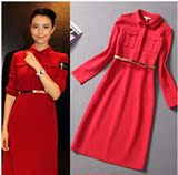 香港代购2016秋季女装高圆圆明星同款修身长袖中长款红色连衣裙潮