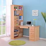 松木书桌橡木书桌书架组合 实木书柜转角电脑桌田园写字台免运费