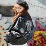 韩版街头原宿BF风涂鸦贴布机车皮衣夹克外套女PU外套潮