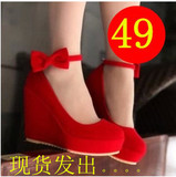 新款红色婚鞋高跟坡跟鞋新娘鞋2014新品蝴蝶结黑色松糕鞋女单鞋子