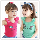 新款2015韩国童装夏装 中小女童可爱猫咪纯棉无袖背心T恤