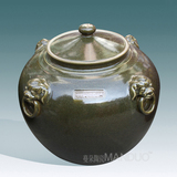 茶叶末盖罐 单色釉盖罐 仿古罐瓷 狮子把手罐 瓷器仿古缸