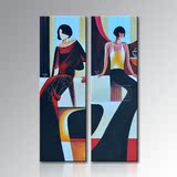 现代女性手绘油画创意家居书房卧室二拼装饰画二联人物抽象无框画