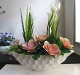 客厅桌面台面摆放花艺 船型欧式玻璃钢花盆仿真玉兰花套装摆件