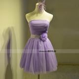 紫色抹胸礼服短款伴娘服加大码公主蓬蓬裙抹胸绑带网纱韩版演出服