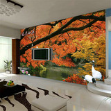 欧美式油画电视背景墙纸客厅沙发大型壁画秋天枫叶仙鹤平安富贵