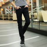 青少年新款韩版夏季纯黑色牛仔裤男士修身型小脚裤弹力紧身学生裤