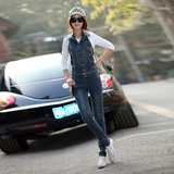 2014新款韩版包邮女春装背带裤 可拆分修身显瘦 连体格子牛仔长裤