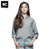 H:CONNECT韩版时尚女装心形印花竖条纹全棉长袖衬衫2016秋季新款