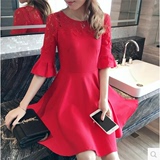 2016春秋装新款红色蕾丝拼接喇叭袖显瘦大码连衣裙短裙子