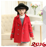 童装2016春秋冬季新款韩版中大女童中长款毛呢红色外套儿童风衣潮