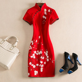 高端女装春季红色婚礼新娘中式改良复古刺绣梅花修身宴会礼服旗袍