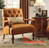 新款美式法式实木雕花高档真皮休闲椅/沙发椅/老虎椅定制客厅家具