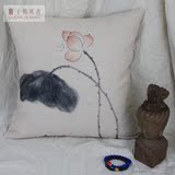 创意手绘中国风现代复古新中式红木沙发水墨荷花棉麻抱枕沙发靠垫