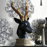美式客厅书房玄关树脂金角麋鹿头招财摆件 创意办公室家居装饰品