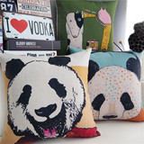 现代北欧田园风 手绘卡通熊猫兔子 沙发抱枕办公室靠枕套棉麻靠垫